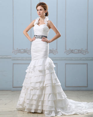 बेल्ट के साथ सेक्सी ओपन बैक लेयर्ड वेडिंग ड्रेस, ड्रॉप कमर महिला वेडिंग गाउन