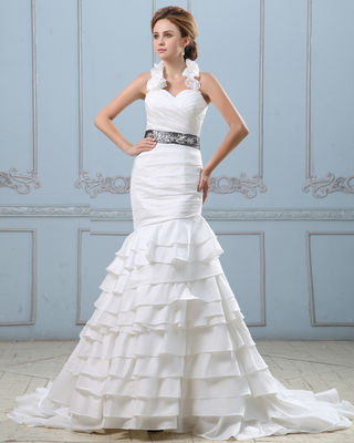 बेल्ट के साथ सेक्सी ओपन बैक लेयर्ड वेडिंग ड्रेस, ड्रॉप कमर महिला वेडिंग गाउन